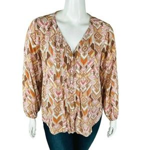 J. Jill Womans XL Petite‎ Blouse Button Front Shirt Pink Abstract Long Sleeve